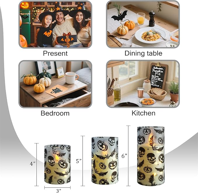 Ghost Flameless Candles with String Lights - 3pcs Halloween Battery Operated Candle Flickering Floral LED Pillar Candles with Timer Remote for Home Decor Romantic Ambiance