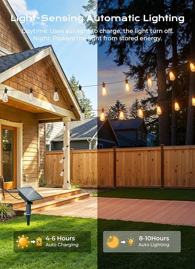 Brightown 37FT Solar String Lights Outdoor Waterproof, Patio Lights with Remote and 10+1 LED Shatterproof Bulbs, Dimmable & Timable, 3 Light Modes, Solar Lights Outdoor for Yard Camping Party Outside
