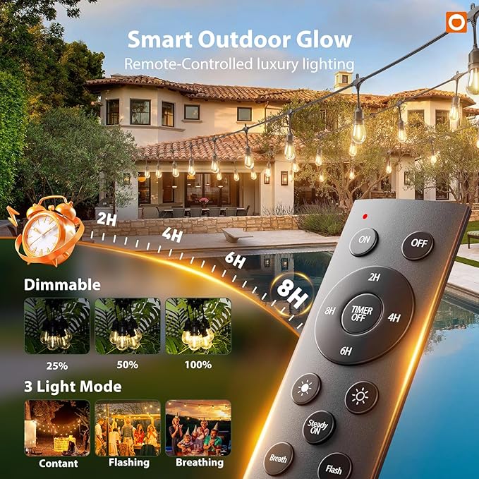 addlon 200FT Outdoor String Lights LED with Remote Dimmable Patio Lights Waterproof Shatterproof Edison Bulb for Outside Backyard Porch Garden Bistro Pergola Party Decor, Warm Ambience Lighting