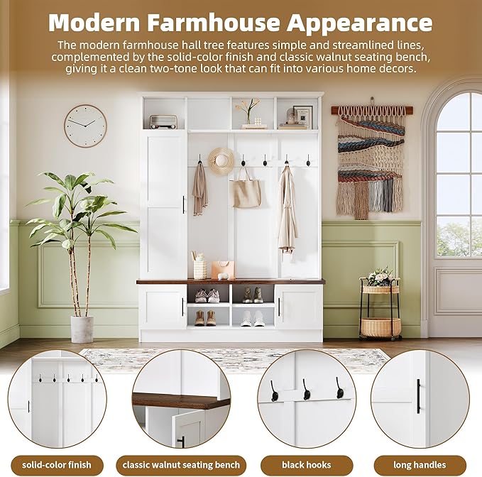 Versatile 3-in-1 Hall Tree with 6 Hooks, Farmhouse Walnut Storage Bench with Adjustable Shelves, 55" W Entryway Coat Rack with Multiple Storage Space for Mudroom, Living Room (White-7)