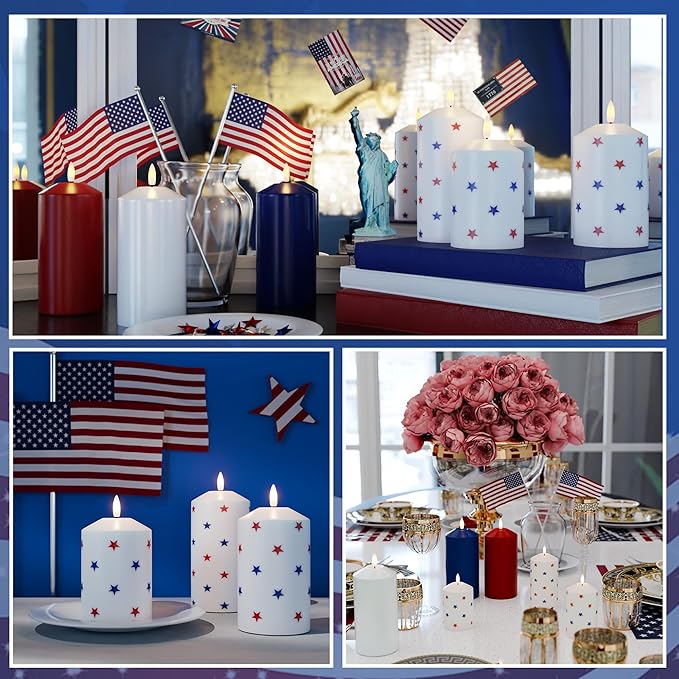 Patriotic Red White and Blue Star Candles, Real Wax 4th of July Led Candles, Flickering Flameless Candles with Remote, Memorial Day Flameless Pillar Candles for Patriotic Holiday Decor