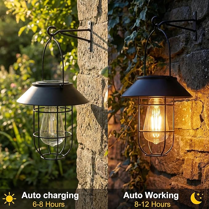 Livinlarge Solar Lanterns Outdoor Waterproof,Hanging Solar Lights for Outside with Wall Hooks Windproof Hook,Retro Metal Outdoor Lanterns Auto On/Off for Porch,Patio,Garden,Yard Decor 2 Pack（Black）