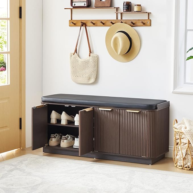 43.3''W Fluted Entryway Shoe Storage Bench with 4 Doors and Adjustable Shelf, 2-Tier Entry Bench Seat with Shoe Storage and Cushion, Shoe Cabinet Bench for End of Bed, Foyer - Espresso