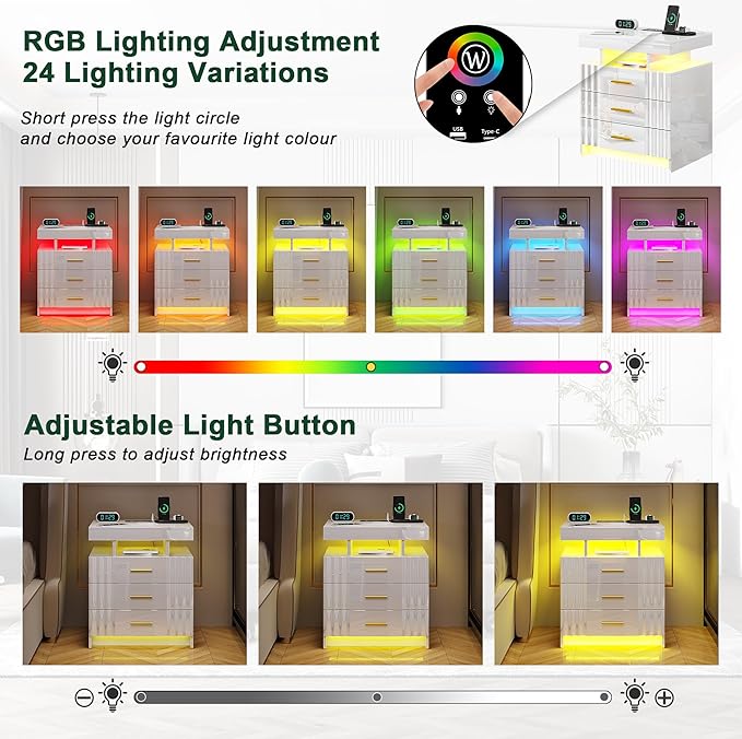 HNEBC LED Night Stand,Nightstand with Charging Station-USB+Type-C+Wireless Charging,Smart Bedside Table has Auto Sensor, High Gloss Nightstand White with 3 Drawers for Bedroom