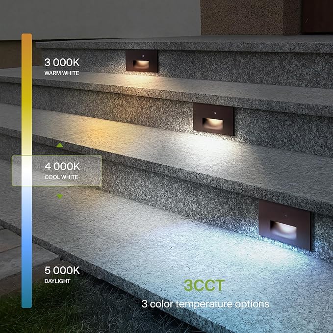 ASD LED Recessed Step Light Fixture, Dusk to Dawn Outdoor Stair Tread Lighting | 3CCT, Photocell, Waterproof, ETL Listed | 3W 120LM 3000K-5000K 120V | Staircase Hardwired Illumination | Dark Bronze