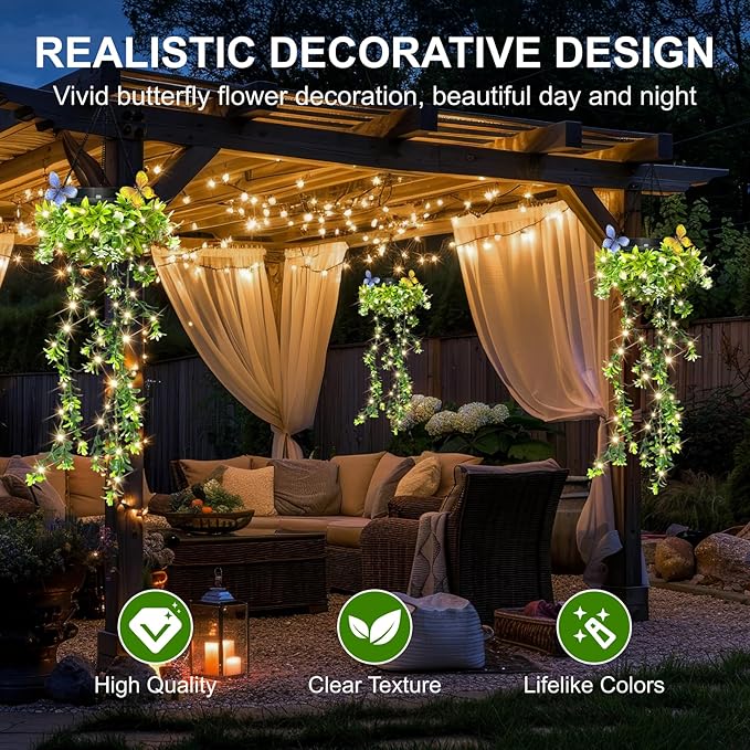 Solar Hanging Garden Lights for Spring Summer, 2 Pack 66 LEDs Realistic Flower Vine Fairy String Lights, IP65 Waterproof Outdoor Decor for Garden Patio Fence, 8-12 Hrs Auto Lighting, Mother‘s Gift