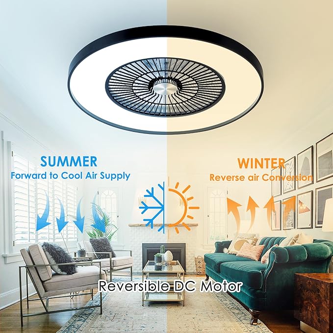 24" Bladeless Ceiling Fans with Lights and Remote/APP/Voice Control, Low Profile Ceiling Fan with RGB Lights, Enclosed Flush Mount Ceiling Fan for Kid's Bedroom/Living Room
