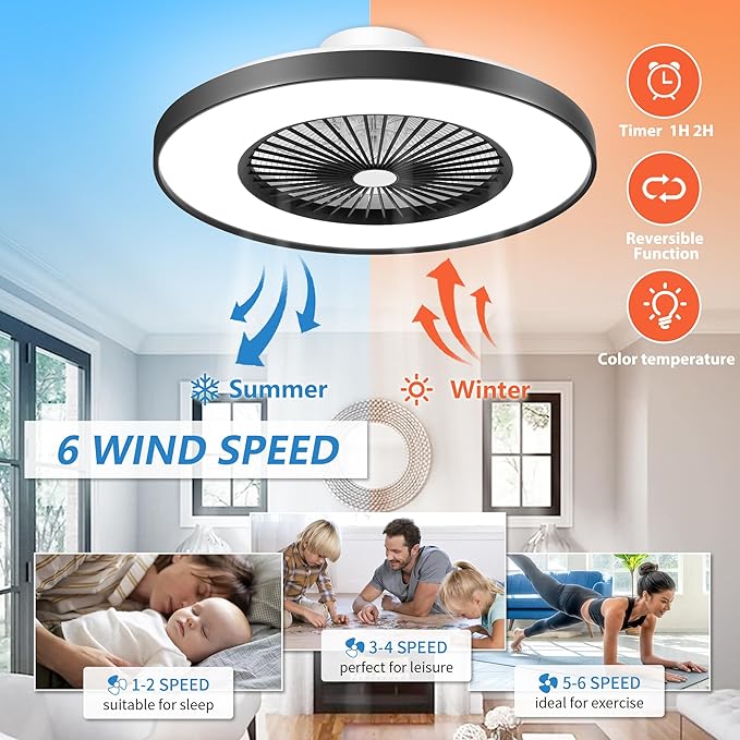 24" Bladeless Ceiling Fan with Light, Low Profile Ceiling Fan with with Alexa, Remote/APP/Voice Control, Modern Flush Mount Ceiling Fans Dimmable Color Chaning LED-RGB Ambient Light Black