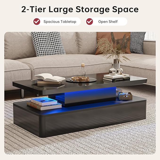 oneinmil Modern LED Coffee Table, 40" Living Room Tables with 16 Colors LED Lights, Double-Layer Design, Stylish Coffee Tables for Living Room, Black