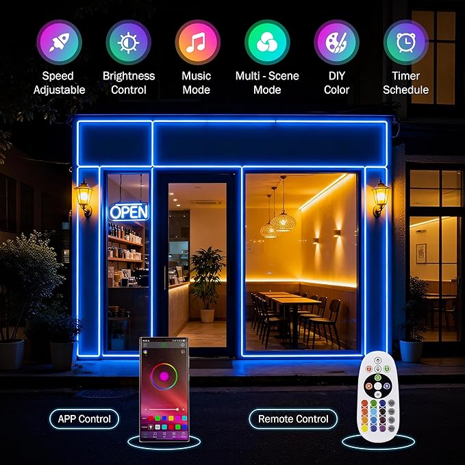 BEAMNOVA 120FT RGB LED Strip Lights Kit, Dual Parallel Controllers, 3 Power Injection Cables, 180W Power Supply, IP65 Waterproof Commercial LED Storefront Window Lighting with Remote & App