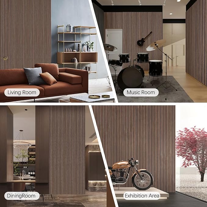 Wall Panels for Interior Wall Decor - Wood Slat Wall Panel Samples Pack (4PCS) - Wall Decor Natural Oak/Walnut/Oak (Grey)/Smoked Wood Wrapped Soundproof Wall Panels
