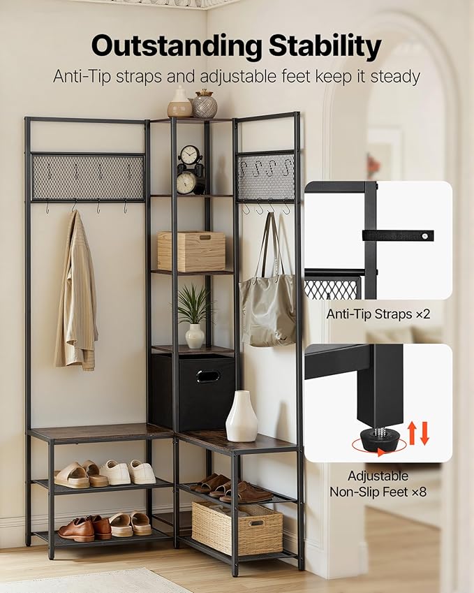 VEVOR Corner Hall Tree with Shoe Bench, 70.9 in Coat Rack with Hooks and Steel Frame, Freestanding Clothes Shoes Rack Storage Organizer with Anti-Tip Set, for Entrance, Closet, Office, Rustic Brown