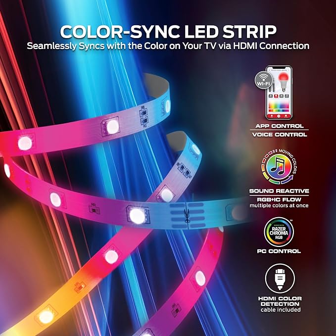 Monster TV Backlight LED Light Strip with HDMI Color Sync Box for TVs up to 85” inch, Smart Wi-Fi RGB+IC Color Flow, Works with Razer Chroma, Alexa, Google, Siri, Music Mode, Custom Scenes, Schedules