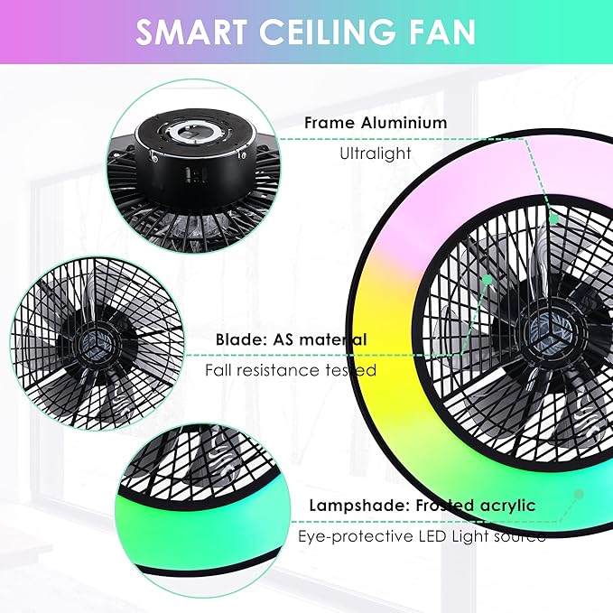 Smart Low Profle Ceiling Fans with RGB Lights Remote/APP/Voice Control, 20" Bladeless Ceiling Fans with 6 Speeds, Timer, Quiet DC Motor, Ceiling Fan with Light for Kids Bedroom/Living Room