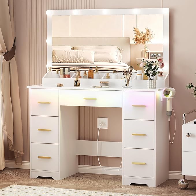 44" Vanity Desk with Mirror and Lights, Glass Top Makeup Vanity with RGB Ambient Lights & 7 Drawers, Large Dressing Table with Power Outlet for Bedroom, White