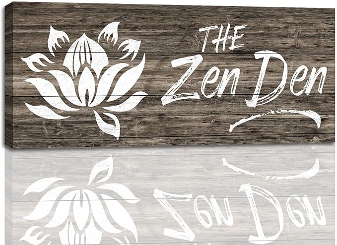 1 KINGO Farmhouse Zen Den Signs: Rustic Zen Den Yoga Studio Room Decoration Canvas Print Lotus Flower Wall Decor - Vintage Decorative Wooden Texture Wall Plaque for Home 6" x 15"