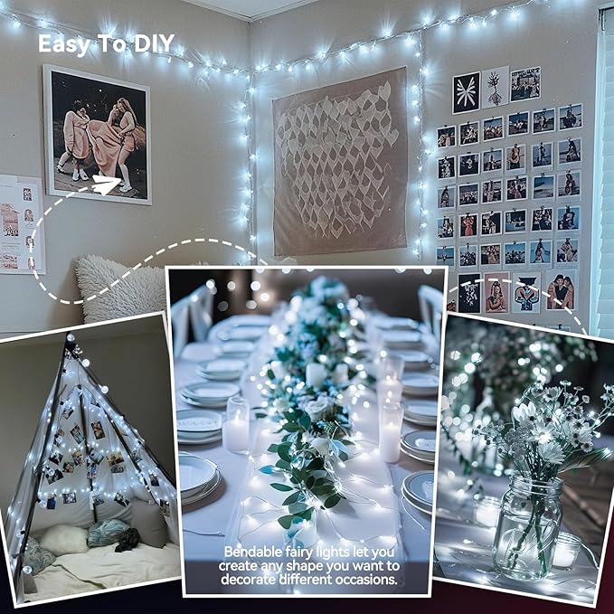LitHome 8 Pack Cool White Fairy Lights Battery Operated, 20 FT 60 LED Twinkle Lights Battery Operated 2 Modes, Waterproof Led Fairy String Light for Indoor Outdoor Christmas Wedding Bedroom Decor