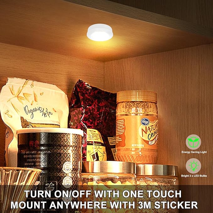 Wireless LED Puck Lights, Touch Activated Tap Ligh, Battery Operated Stick On Lights for Under Cabinet, Kitchen, Closet & Counters, 3-Pack, White
