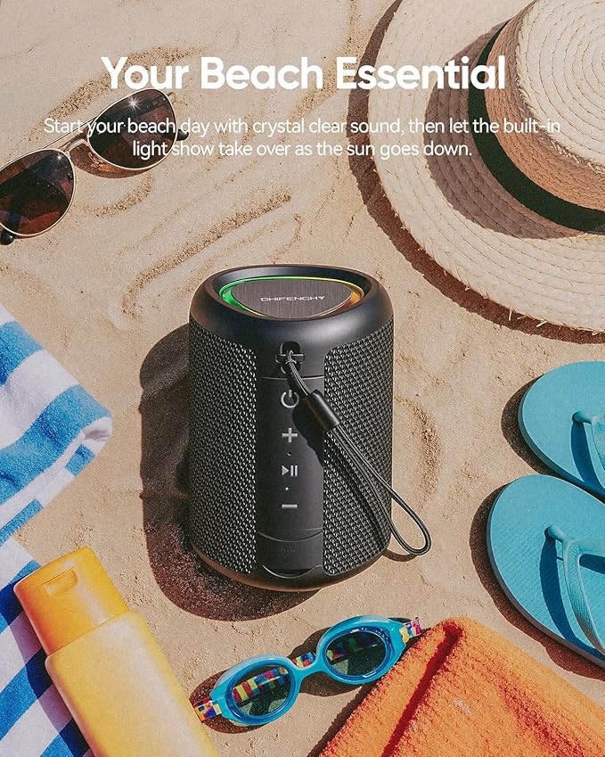 Portable Bluetooth Speaker Beach Vacation Essentials: Powerful Crystal Clear Sound/Dynamic Light/IPX5 Waterproof/All Day Playtime/BT 5.3/TWS Paring, Small Wireless Speaker for Outdoor|Travel|Camping