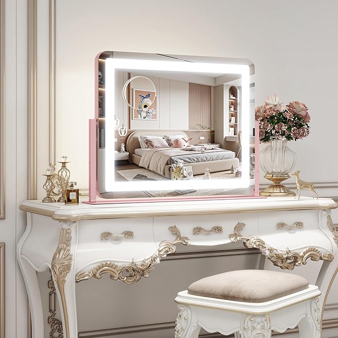 ROLOVE 22x16 Inch Pink Vanity Mirror with Lights，Dimmable LED Lights，3 Color Modes, Smart Touch Control，10X Magnification，Light up Makeup Mirror for Desk, Gift for Teen Girls