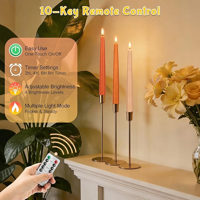 Flameless Taper Candles with Remote, 9.6" Battery Operated Flickering LED Candlesticks, Real Wax Warm Earth Tone Taper Candles for Wedding Centerpieces, Dinner Table, Mantel, Window, 3 Pack