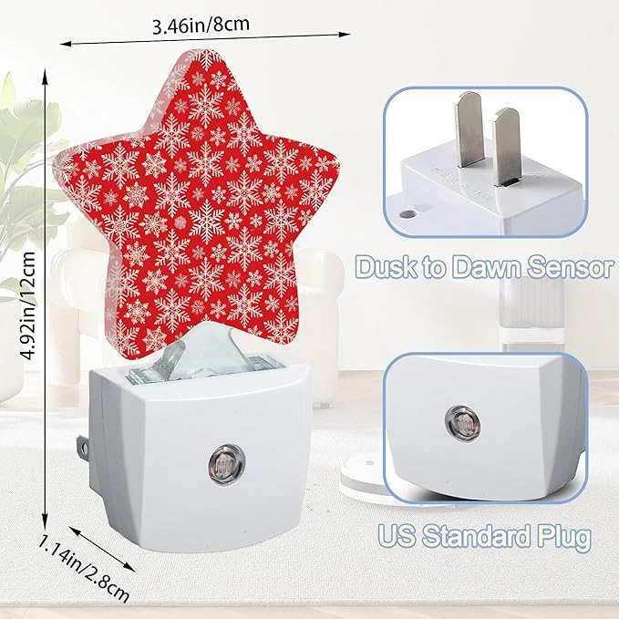 Red Christmas Snowflakes Dusk to Dawn Star Night Light,Winter Smart Sensor Nightlight for Bedroom Kitchen Hallway Stairs,Plug-in Energy Efficient Decor Desk Lamp Women Men Gifts