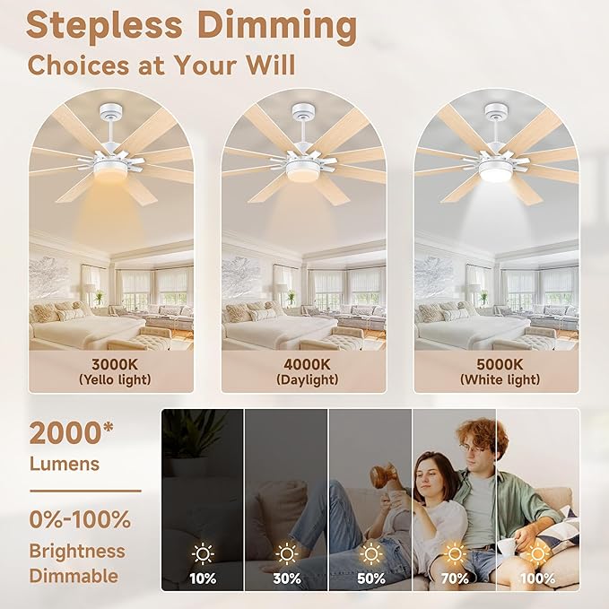 72Inch Large Smart Ceiling Fans with Lights Remote,Control via WIFI Alexa Google App,Modern Outdoor Indoor Ceiling Fan for Large Patio Living Room,6 Speed Quiet DC Motor,8 Blades in White& Light Wood