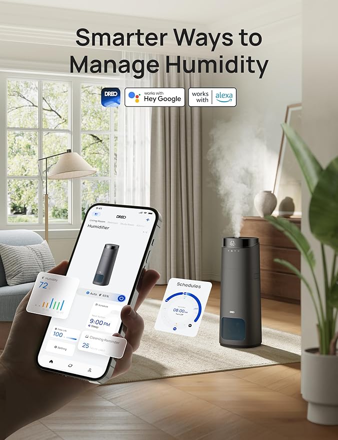 DREO 16L Smart Humidifier Large Room 1000 ft², 130H Cool Mist Air Humidifiers for Bedroom Plants Baby, Top Fill, Remote/Touch/Voice & APP Control, Clean Tank Technology, 30dB, HM755S Grey