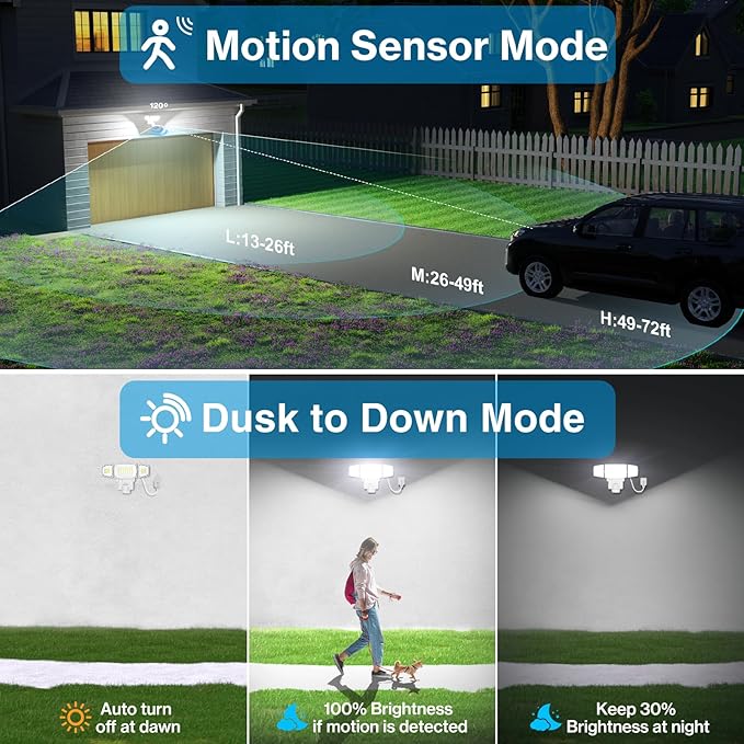 Olafus 70W Motion Sensor Outdoor Light Plug in, Motion Flood Light Dusk to Dawn, 7000LM LED Security Light IP65 Waterproof, Motion Activated 6500K PIR Sensor Lighting for Garage Yard Patio Eave, White