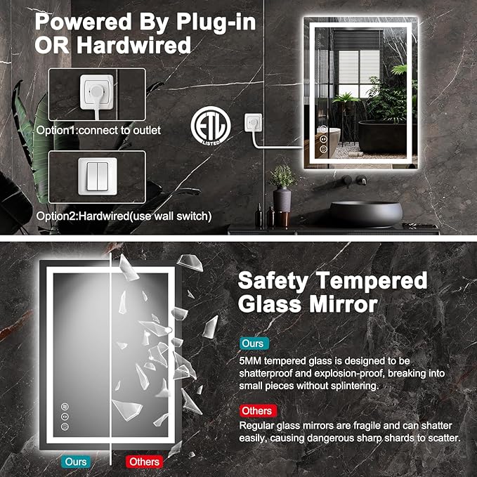 24x32 LED Bathroom Mirror with Lights, Anti Fog Vanity Mirror Wall Mounted, Dimmable Front Light and Backlight, Memory Function Tempered Glass, Shatter Proof ETL Listed