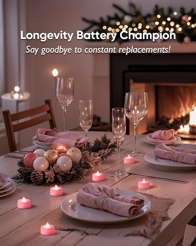 Amagic 30 Pcs Pink Flickering Flameless Tea Lights Battery Operated, 200+ Hours Long Lasting Colored Candle for Wedding, Table Centerpiece, Theme Party, Aniversary, Proposal, Christmas, Pink Base