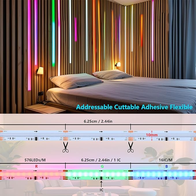 24V WS2811 RGB+IC COB LED Strip Lights 65.6ft (2 Rolls of 32.8ft), Chasing LED Light Strip with 338 Remote Controller Models and Power Supply for Bedroom, Living Room, Gaming, Parties