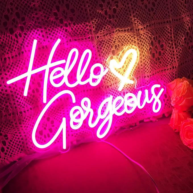 Hello Gorgeous Neon sign Pink LED Neon letters Heart decorative wall lights Girl Room Wedding anniversary Engagement birthday Party decoration with USB power supply (5V,16.5X11inches)