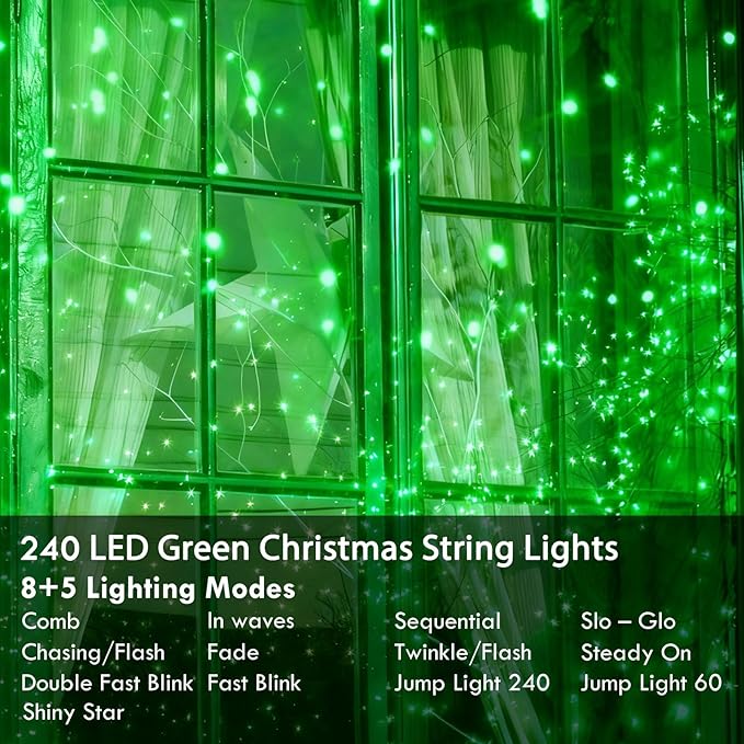 88FT 240LED Extra-Long Connectable String Lights Indoor Outdoor Clear Wire, Green Christmas String Lights, Plug in Twinkle Fairy Light with Timer for Wedding Patio Tree Yard Christmas Decorations