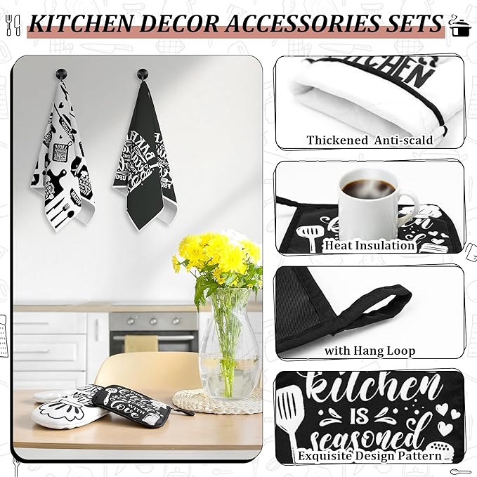 8 Pcs Farmhouse Kitchen Decor Accessories Set 4 Black White Kitchen Dish Towels 2 Oven Mitts 2 Pot Holders Kitchens Towels Pot Holders Oven Mitt Decor for Cooking Baking Housewarming Daughter Mom Gift