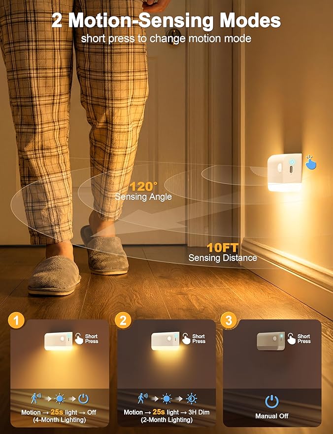 NIORSUN Motion Sensor Stair Lights Indoor, 6 Pack Rechargeable Wireless Step Lights with 3 Color Temperatures, 1200mAh Battery, Magnetic Base for Hallway, Closet, Bathroom, White