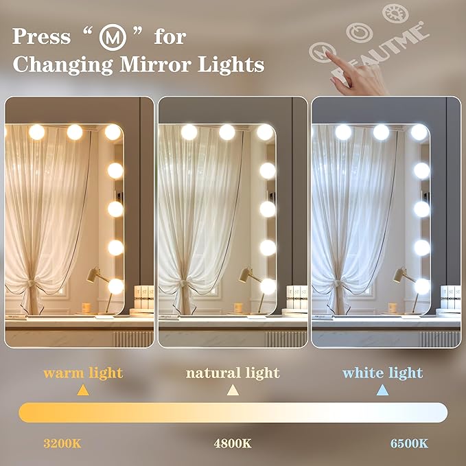 BEAUTME Large Vanity Mirror with Lights, 36''×24'' Makeup Mirror, Light up Mirror with 16 Dimmable LED Lights and 10X Magnification, 3 Lighting Modes, Touch Control