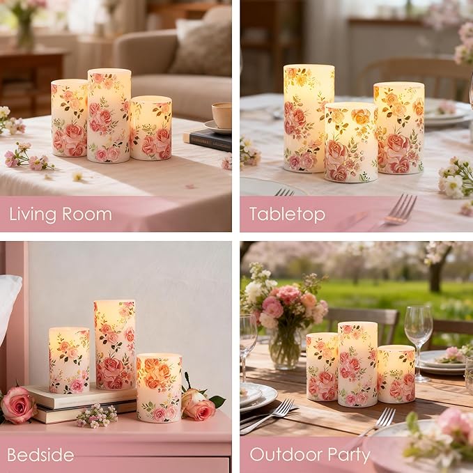 Flameless Candles with Remote, Battery Operated Candles Real Wax Pink Rose Flickering LED Candles Floral Christmas Decor Electric Pillar Candles Set of 3