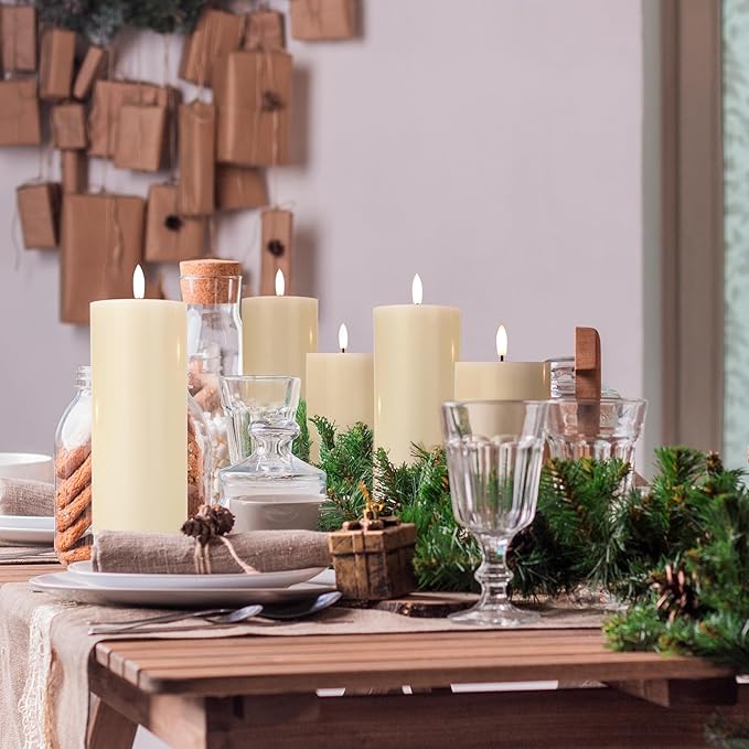 Flickering Flameless Candles, Real Wax Battery Operated Candles with Remote, Flat Top Led Flameless Pillar Candles for Home, Wedding, Party Decor, Set of 4, Φ 3" H 4" 5" 6" 8", Ivory