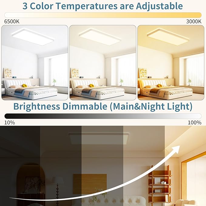 23 Inch Dimmable LED Flush Mount Ceiling Light Fixture with Remote, Square Low Profile Ceiling Light,3000K–6500K Color Changing,1800K Night Light,White,for Bedroom,Kitchen,Living Room