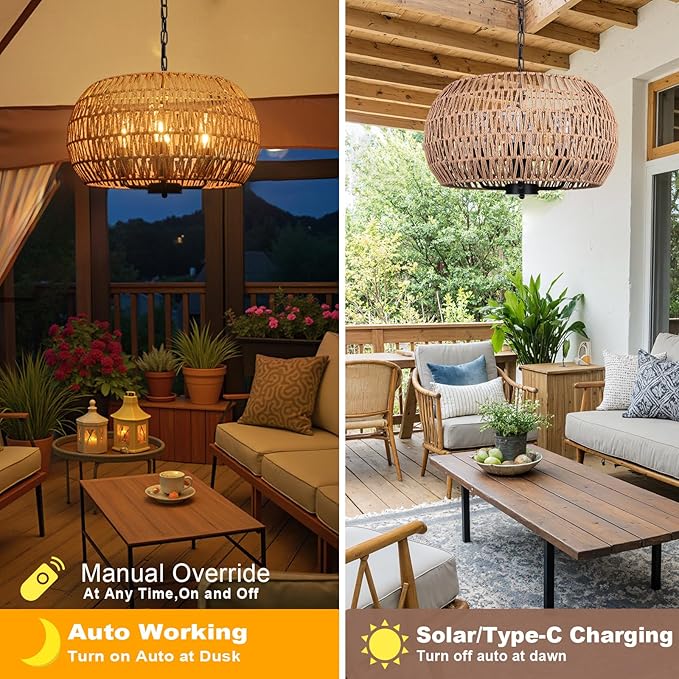 Outdoor Solar Chandelier, 4-Light 19" Rattan Outdoor Chandelier, Hanging Pendant Lights, Waterproof, for Gazebo, Pergola, Porch, Patio