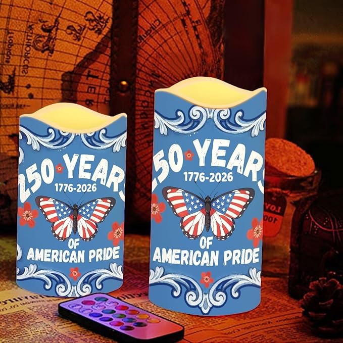 1776–2026 LED Candles 250th Anniversary Butterfly Pattern Battery Operated Flickering with Timer 4th of July American Pride Decor for Independence Day Living Room, 4 Pack