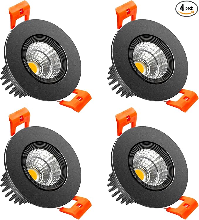 LightingWill 2inch LED Dimmable Downlight, 3W COB Recessed Ceiling Light, Daylight White 5500K-6000K, CRI80, 25W Halogen Bulbs Equivalent, Black (4Pack)