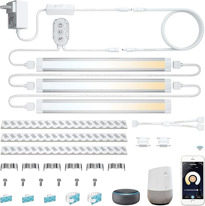 Smart Under Cabinet Lights Work with Alexa, Google,Siri, LED Light for Kitchen Shelf Counter Lighting with App, Voice Activated Dimmable and Linkable Warm to Cool White (3 Lights Bar Kit)