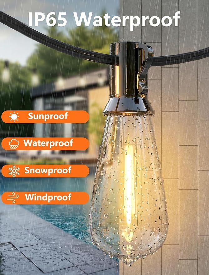 LED Outdoor String Lights for Patio 20Ft, Waterproof Patio String Lights with 22 ST40 LED Edison Bulbs for Deck, Garden, Backyard,House, Vintage String Lights Fit E17 Base, 2700K Dimmable