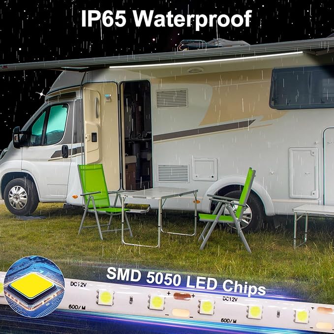 QVEVDACAR RV Awning Strip Lights, 12V 16.4FT RV Underglow Led Light Kit, Waterproof RV Exterior Awning Strip for Camper Motorhome Travel Trailer Canopy, White
