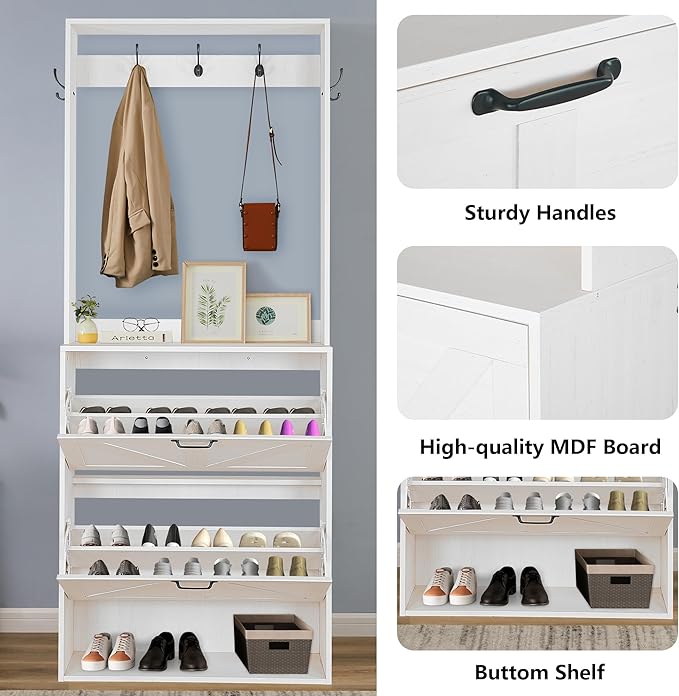 Betoko Hall Tree with Shoes Storage,Farmhouse Entryway Coat Rack Wooden Hallway Mudroom Tree Bench Corner Tree Cabinet with 5 Coat Hooks and 2 Shoes Cabinets and Open Shelf(Rustic White)