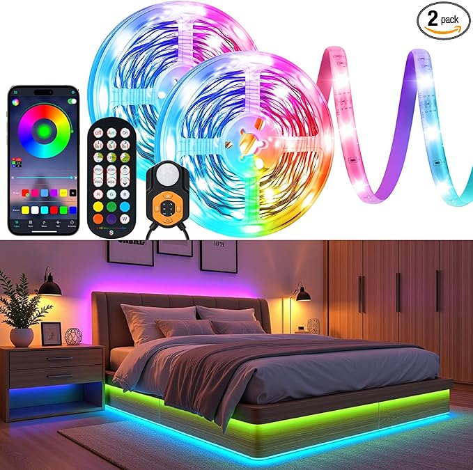 Motion Sensor LED Light Strip 2 x 10ft Under Bed Lights, RGB 3 Mode Motion Activated Bed Light with Music Sync and Timer, Dimmable Color Changing LED Lights for Bedroom