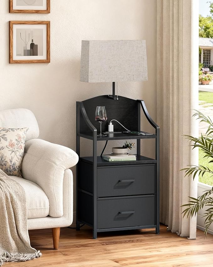 Evermagin 45" Tall Nightstands Set of 2 with Light, Nightstand with Charging Station, USB Ports and Outlets, Bedside Table End Table with 2 Fabric Drawers for Bedroom, Dorm, Black