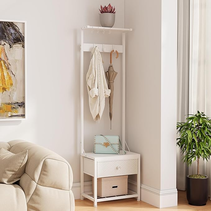 LUMTOK Hall Tree with Shoes Bench, Small Coat Rack with Fabirc Drawer and Shelf for Bedroom, 4-in-1 Entryway Organizer with Shoes Stool for Living Room, Entryway, Closets (Rustic Brown) (White, Small)